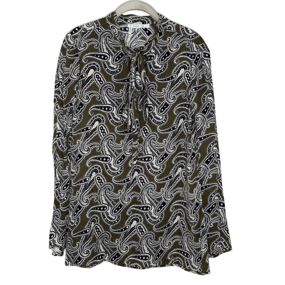 Derek Lam 10 Crosby Olive Green Paisley Silk Blend Top Neck Tie Blouse Sz 6